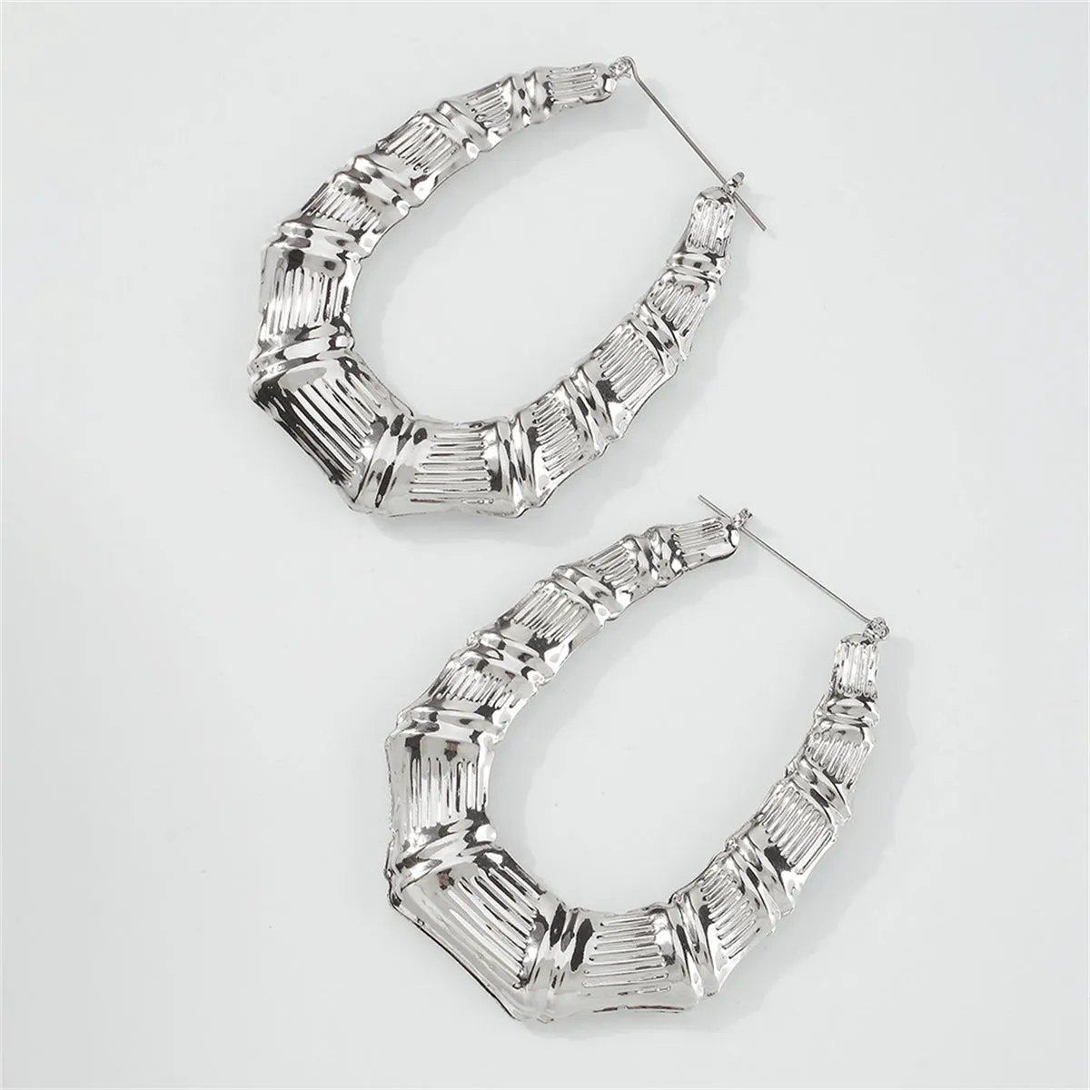 Silver-Plated Oval Bamboo Huggie Earrings