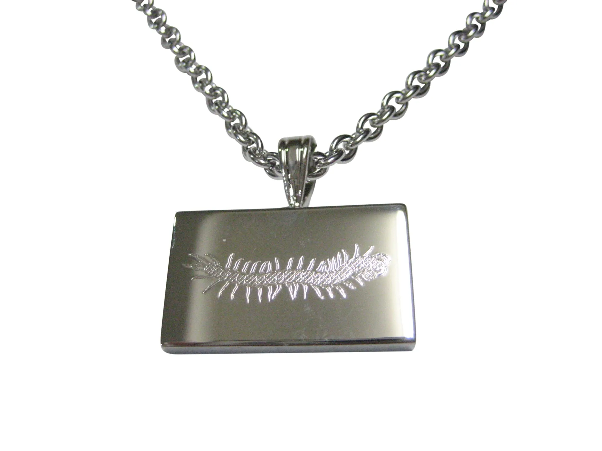 Silver Toned Etched Centipede Bug Insect Pendant Necklace
