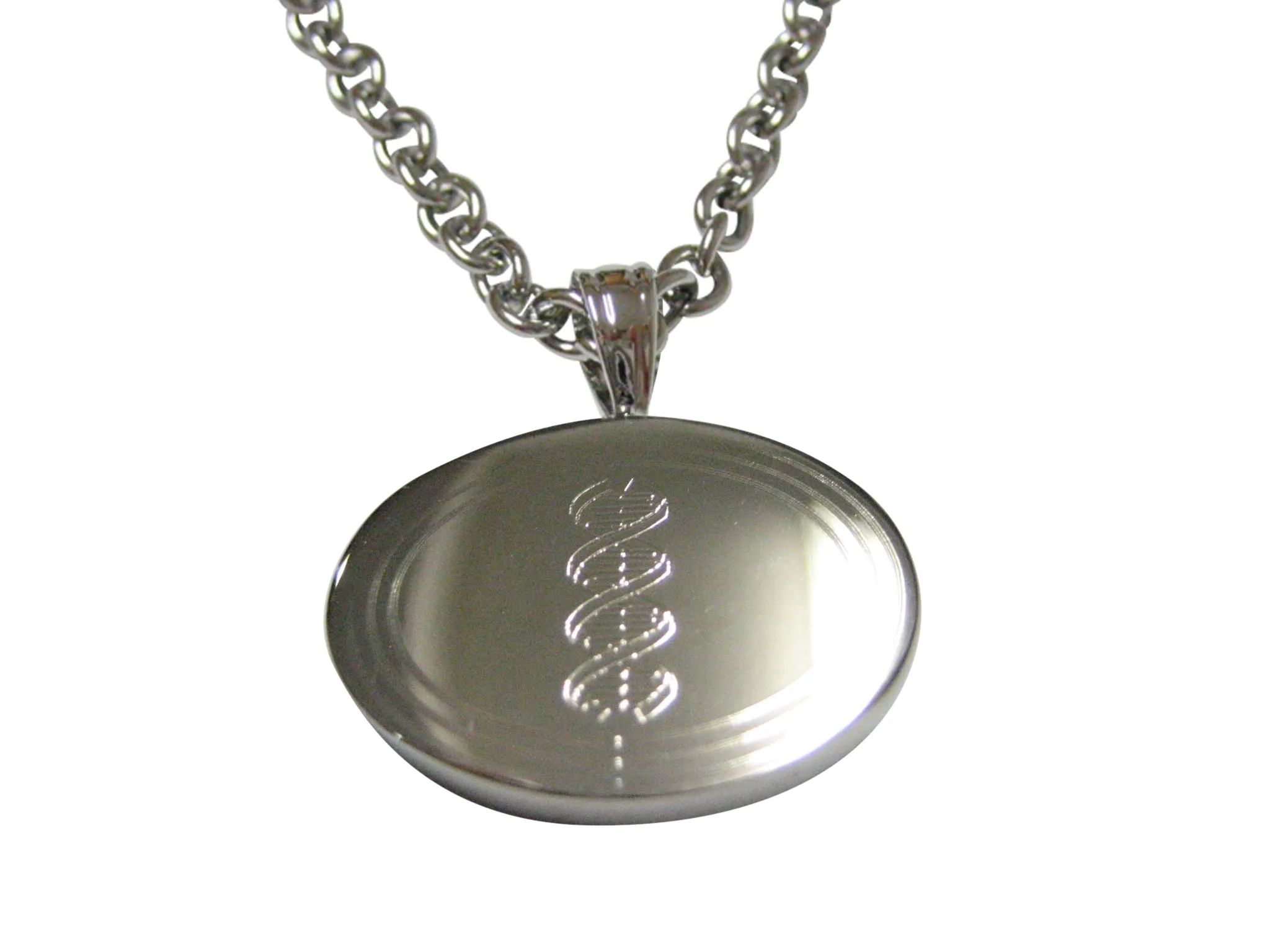 Silver Toned Etched Oval DNA Deoxyribonucleic Acid Molecule Pendant Necklace