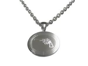 Silver Toned Etched Oval Revolver Gun Pistol Pendant Necklace