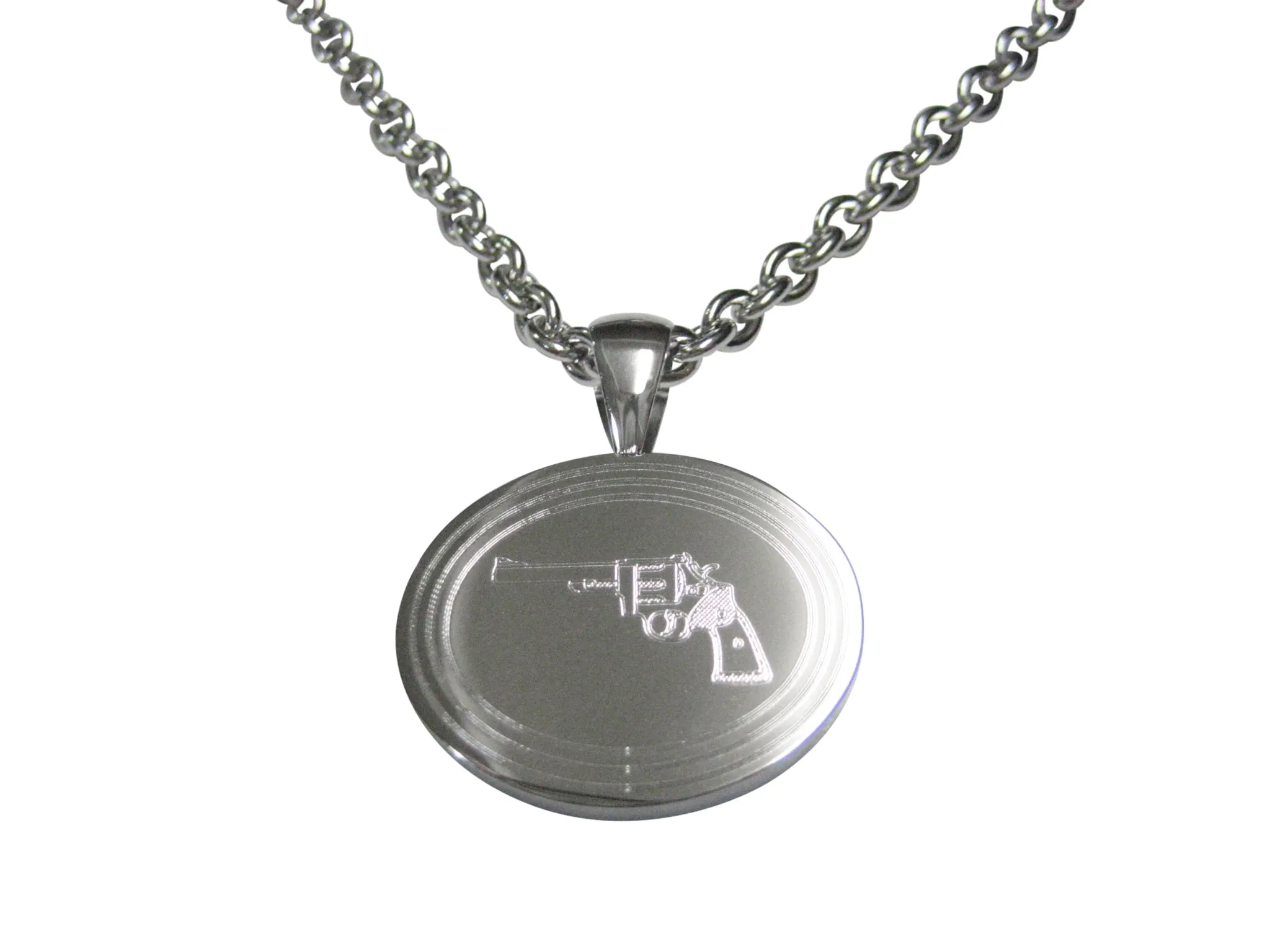 Silver Toned Etched Oval Revolver Gun Pistol Pendant Necklace
