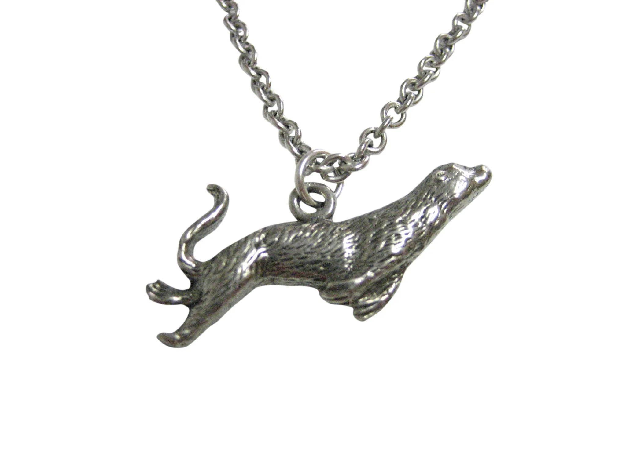 Silver Toned Textured Sea Lion Pendant Necklace