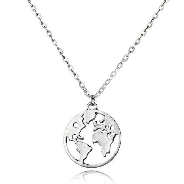 Silver World Map Necklace