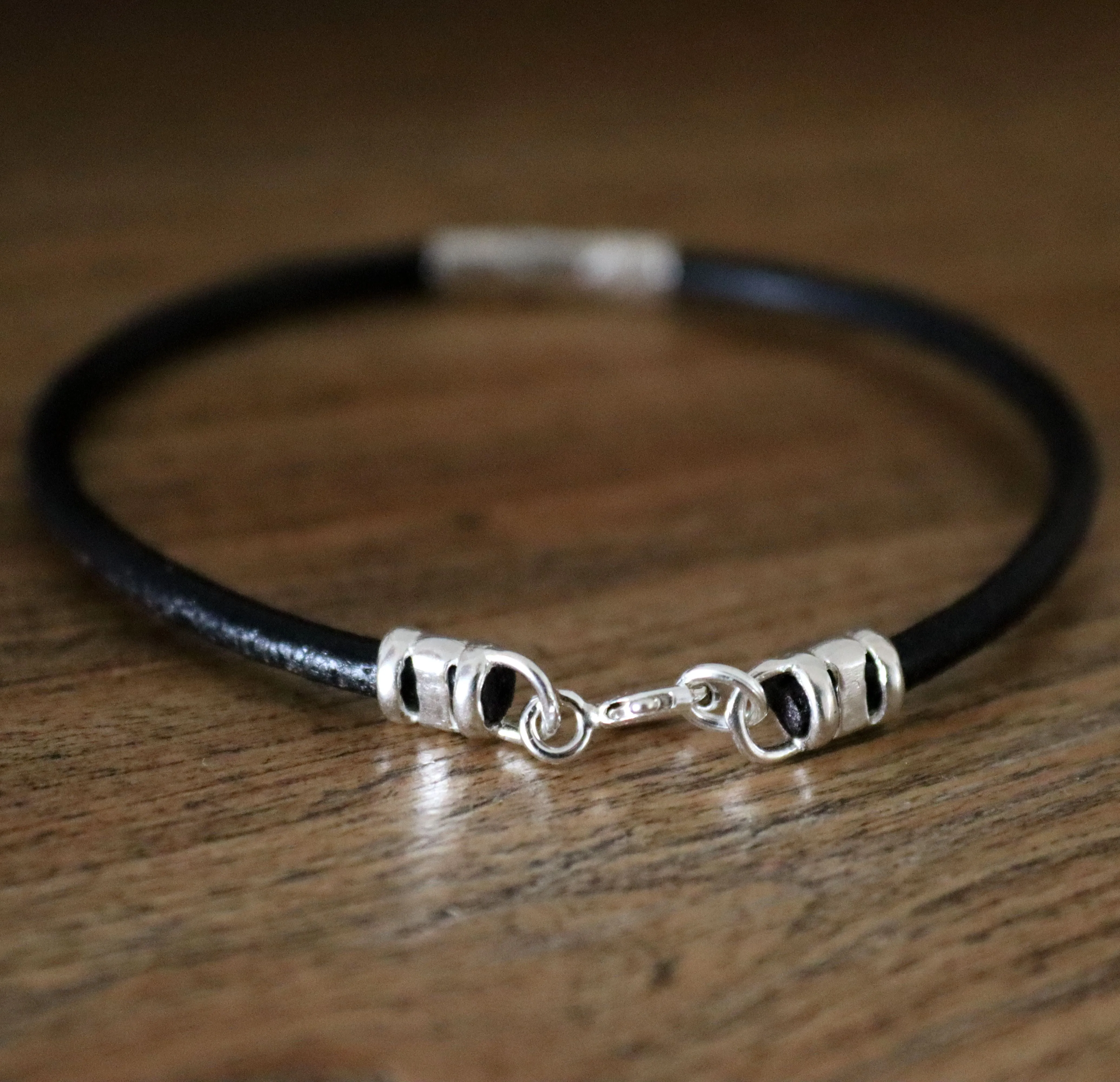 Sleek Leather Bracelet for men Hammered Sterling silver bead tubes bracelet