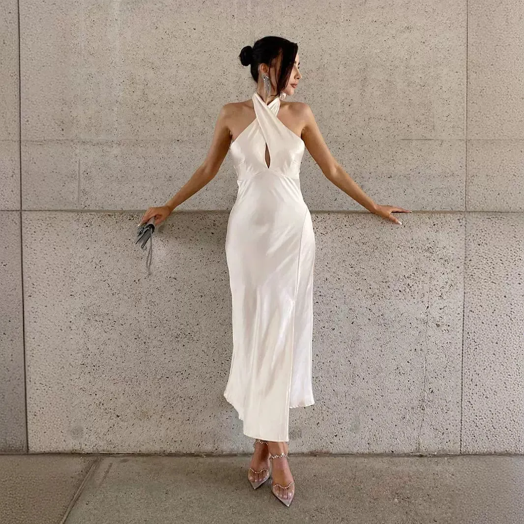 Sleeveless One-Line Off-The-Neck Slit Dress