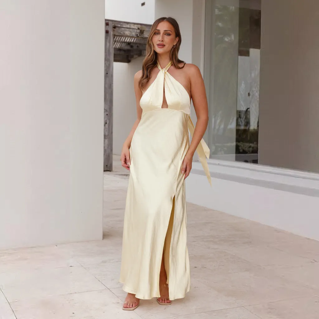Sleeveless One-Line Off-The-Neck Slit Dress