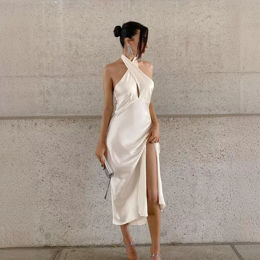 Sleeveless One-Line Off-The-Neck Slit Dress