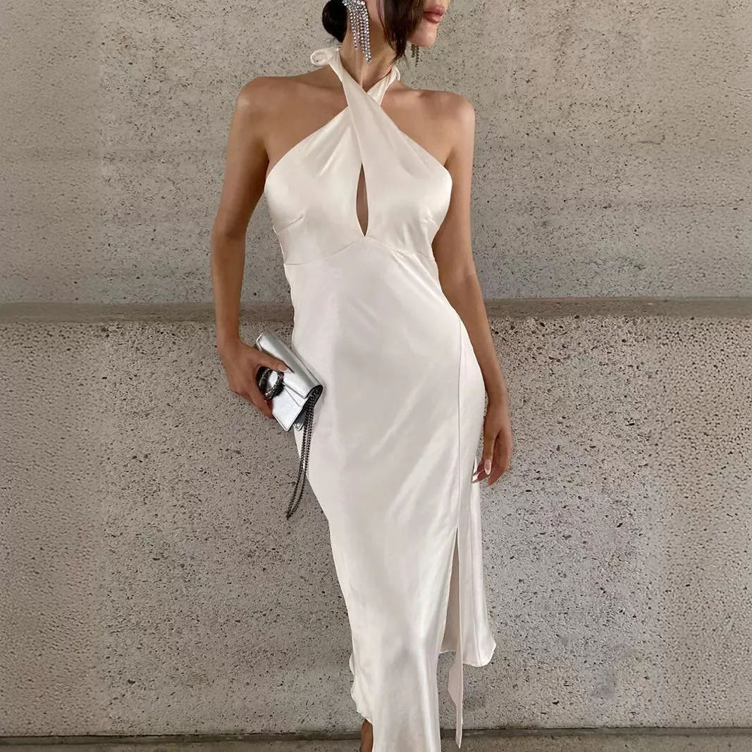 Sleeveless One-Line Off-The-Neck Slit Dress