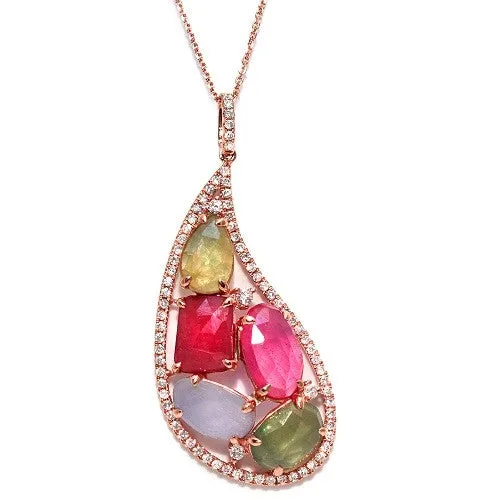 Slice Multicolor Stones Pendant Necklace, 14k Rose Gold