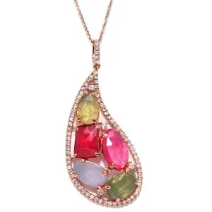 Slice Multicolor Stones Pendant Necklace, 14k Rose Gold