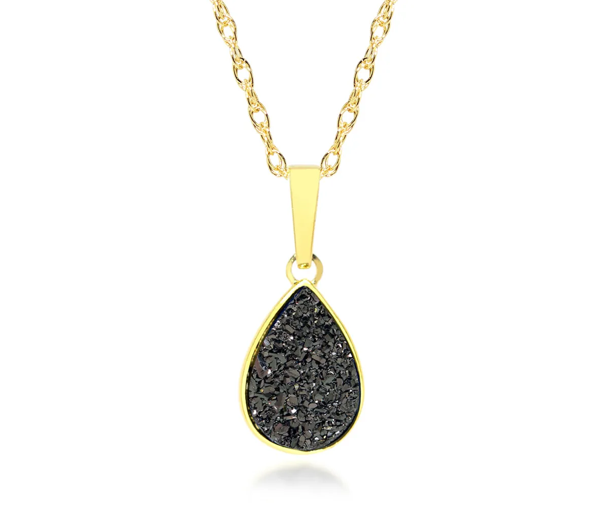Small Teardrop Black Druzy 14K Vermeil Necklace
