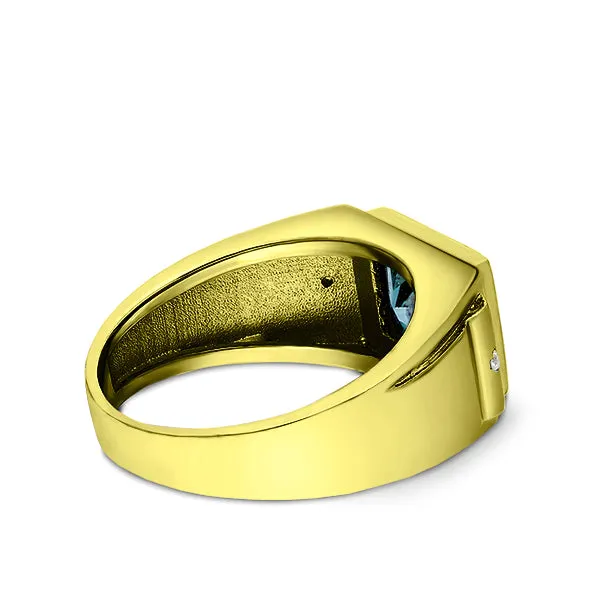 Solid 10K Gold Blue Topaz Mens Ring 0.04ct Natural Diamonds Fine Ring for Man