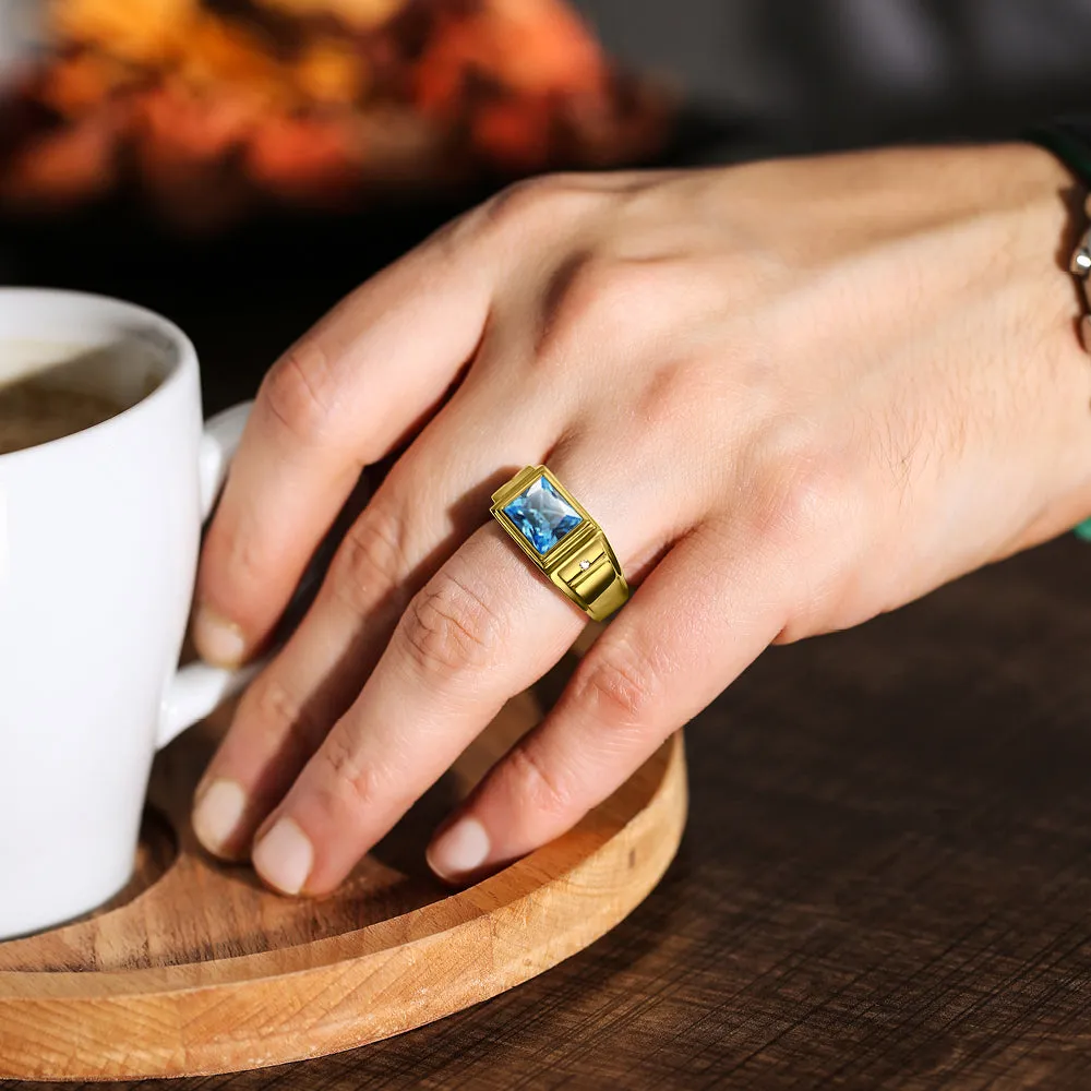 Solid 10K Gold Blue Topaz Mens Ring 0.04ct Natural Diamonds Fine Ring for Man