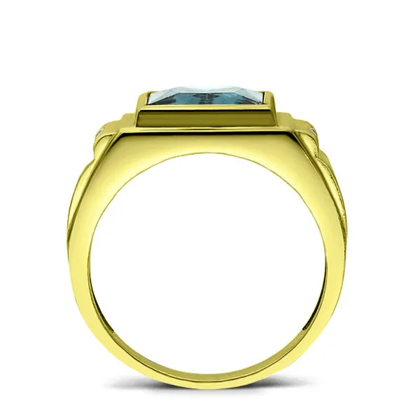 Solid 10K Gold Blue Topaz Mens Ring 0.04ct Natural Diamonds Fine Ring for Man
