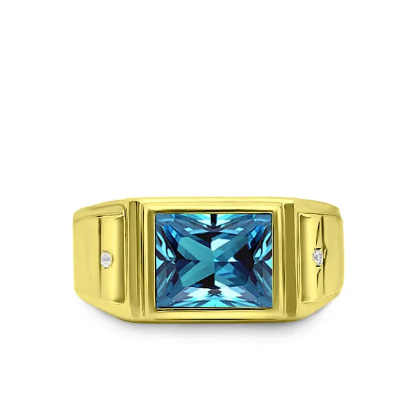 Solid 10K Gold Blue Topaz Mens Ring 0.04ct Natural Diamonds Fine Ring for Man