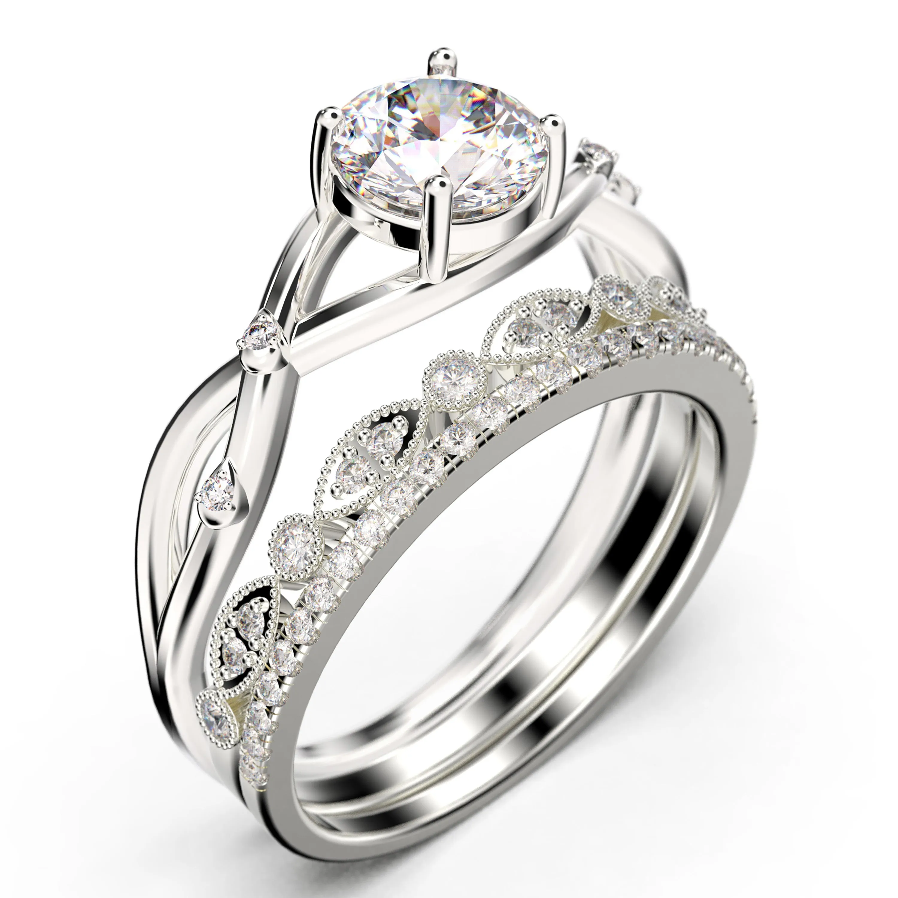 Spectacular And Decorative Rings Boho & hippie 2.10 Carat Round Cut Diamond Moissanite Engagement Ring, Wedding Ring, Two Matching Band in 10k/14k/18k Solid Gold, Promise Ring, Lovely Gift