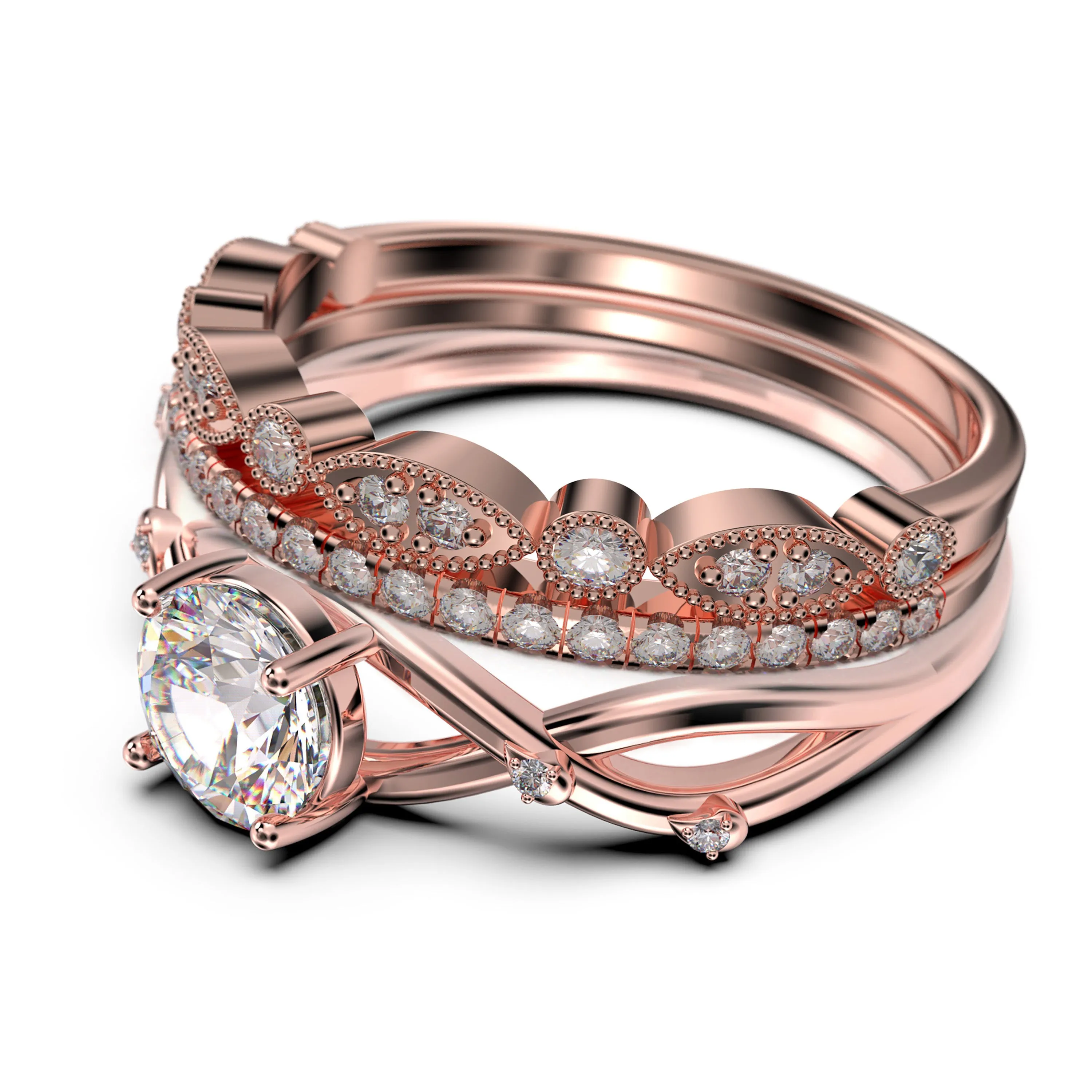 Spectacular And Decorative Rings Boho & hippie 2.10 Carat Round Cut Diamond Moissanite Engagement Ring, Wedding Ring, Two Matching Band in 10k/14k/18k Solid Gold, Promise Ring, Lovely Gift