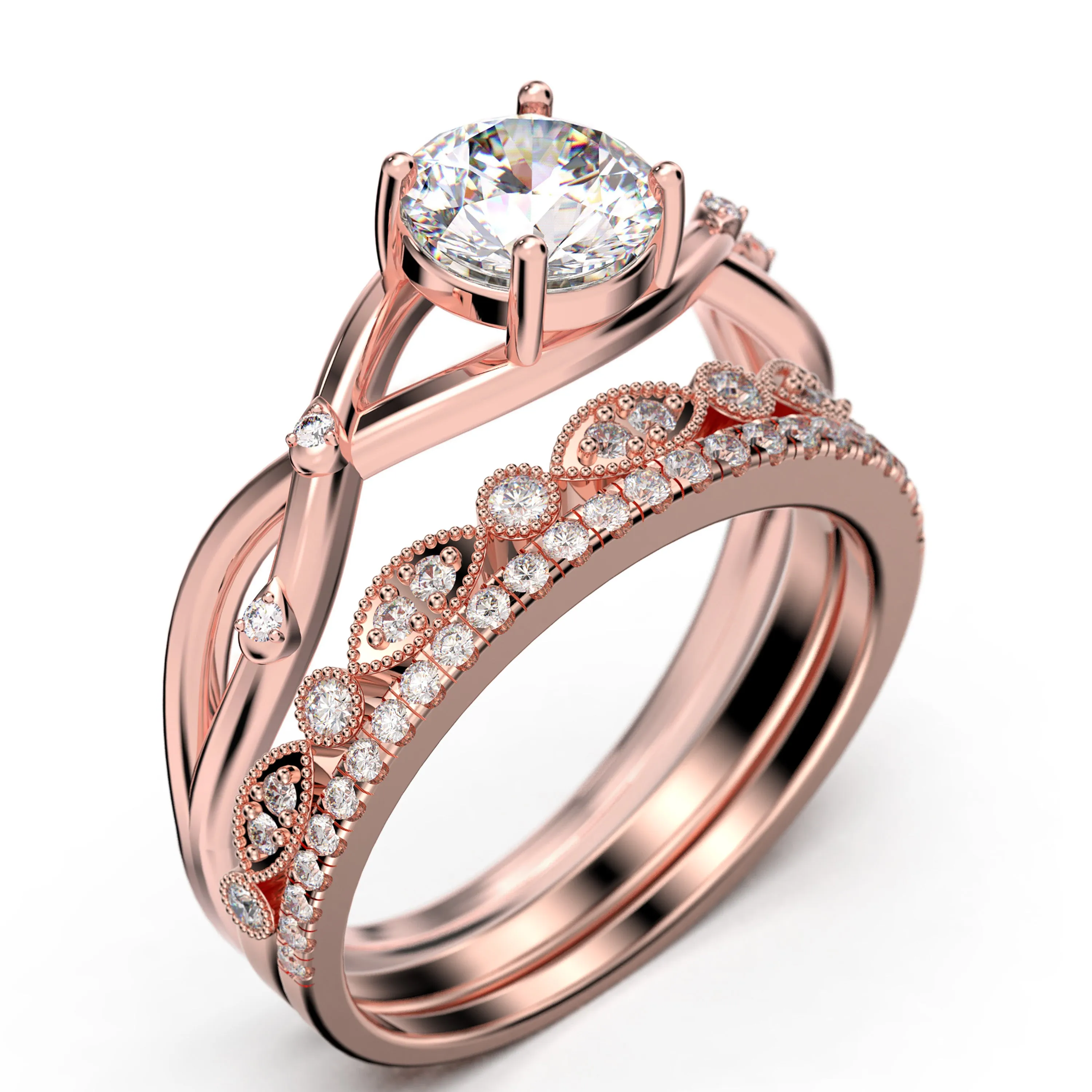 Spectacular And Decorative Rings Boho & hippie 2.10 Carat Round Cut Diamond Moissanite Engagement Ring, Wedding Ring, Two Matching Band in 10k/14k/18k Solid Gold, Promise Ring, Lovely Gift