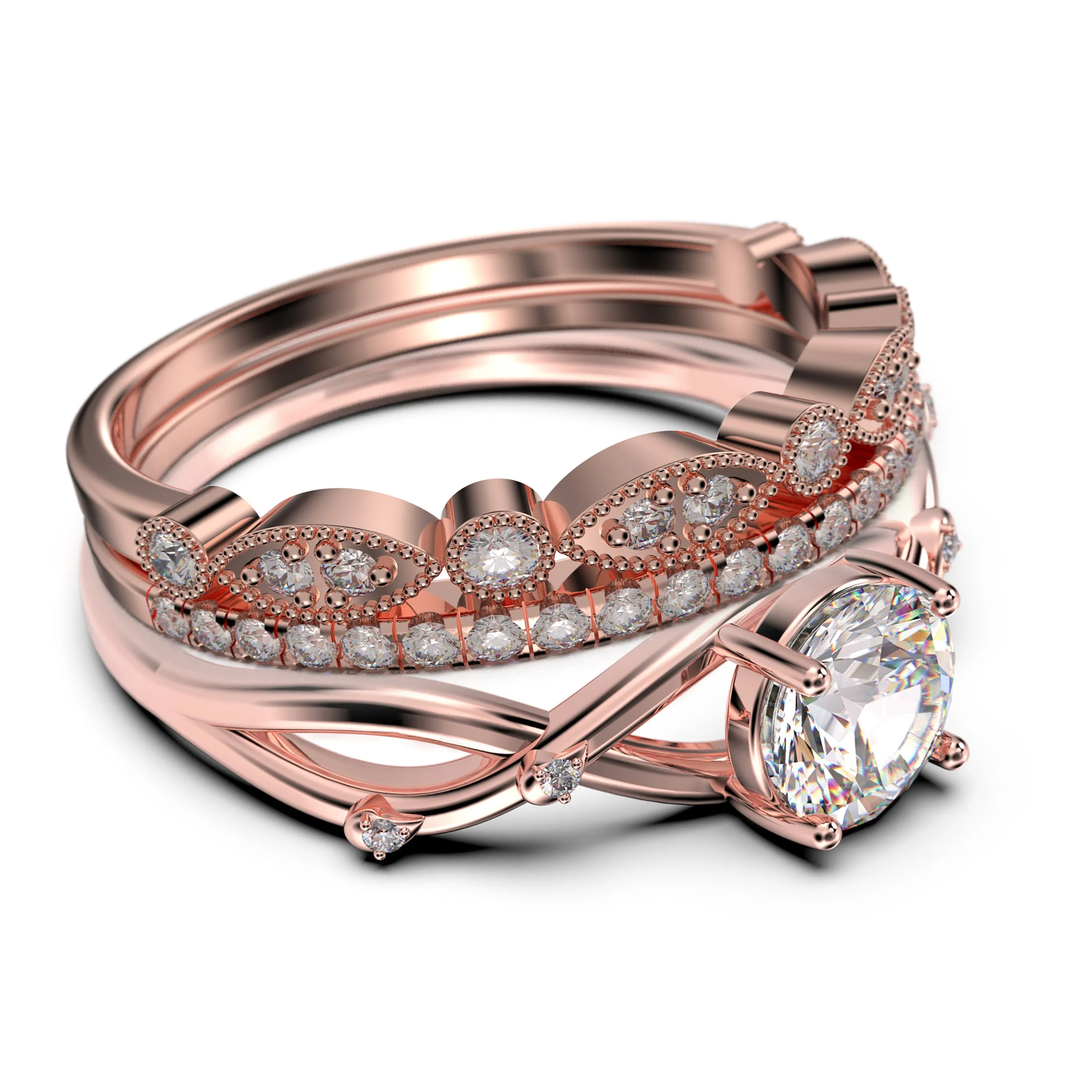 Spectacular And Decorative Rings Boho & hippie 2.10 Carat Round Cut Diamond Moissanite Engagement Ring, Wedding Ring, Two Matching Band in 10k/14k/18k Solid Gold, Promise Ring, Lovely Gift
