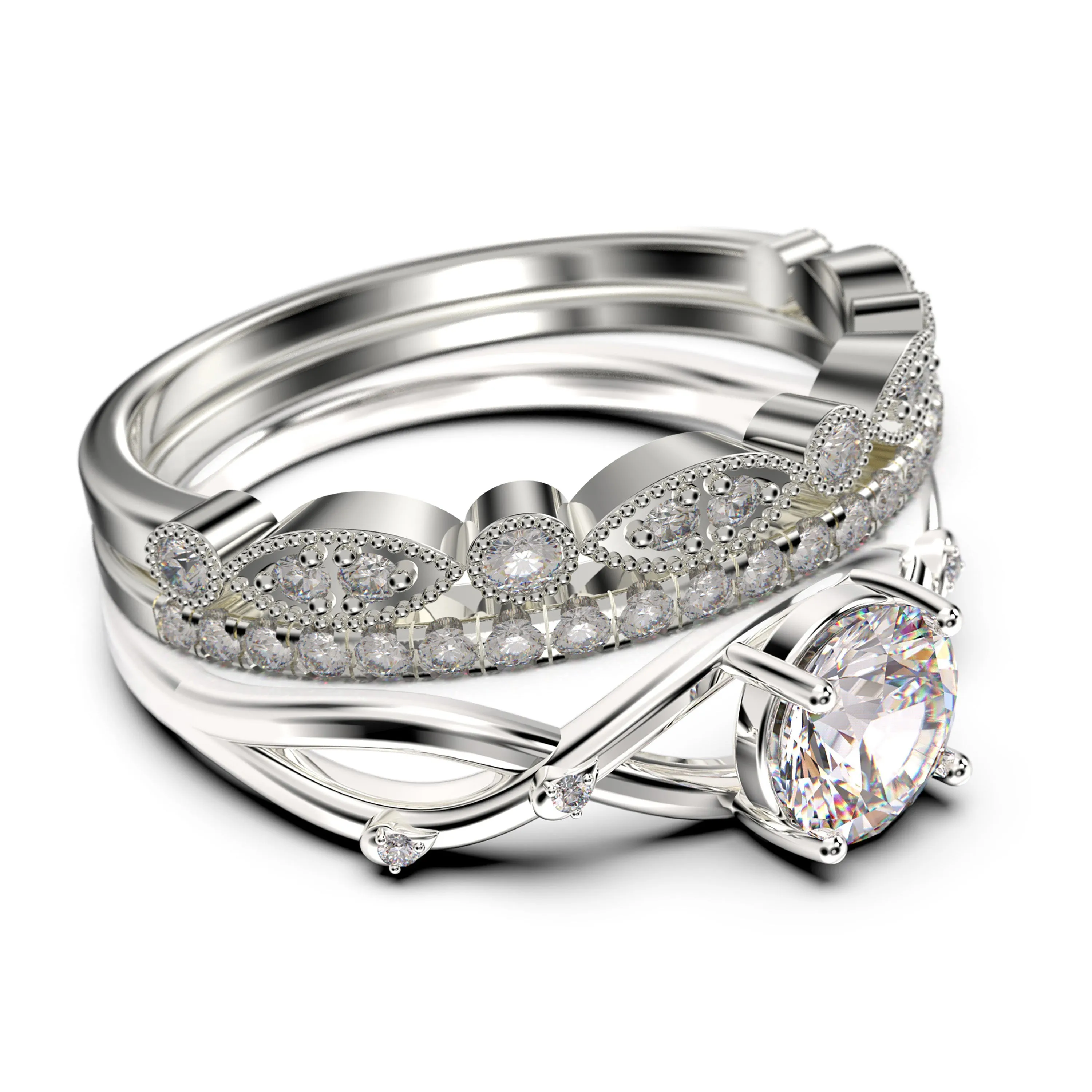 Spectacular And Decorative Rings Boho & hippie 2.10 Carat Round Cut Diamond Moissanite Engagement Ring, Wedding Ring, Two Matching Band in 10k/14k/18k Solid Gold, Promise Ring, Lovely Gift
