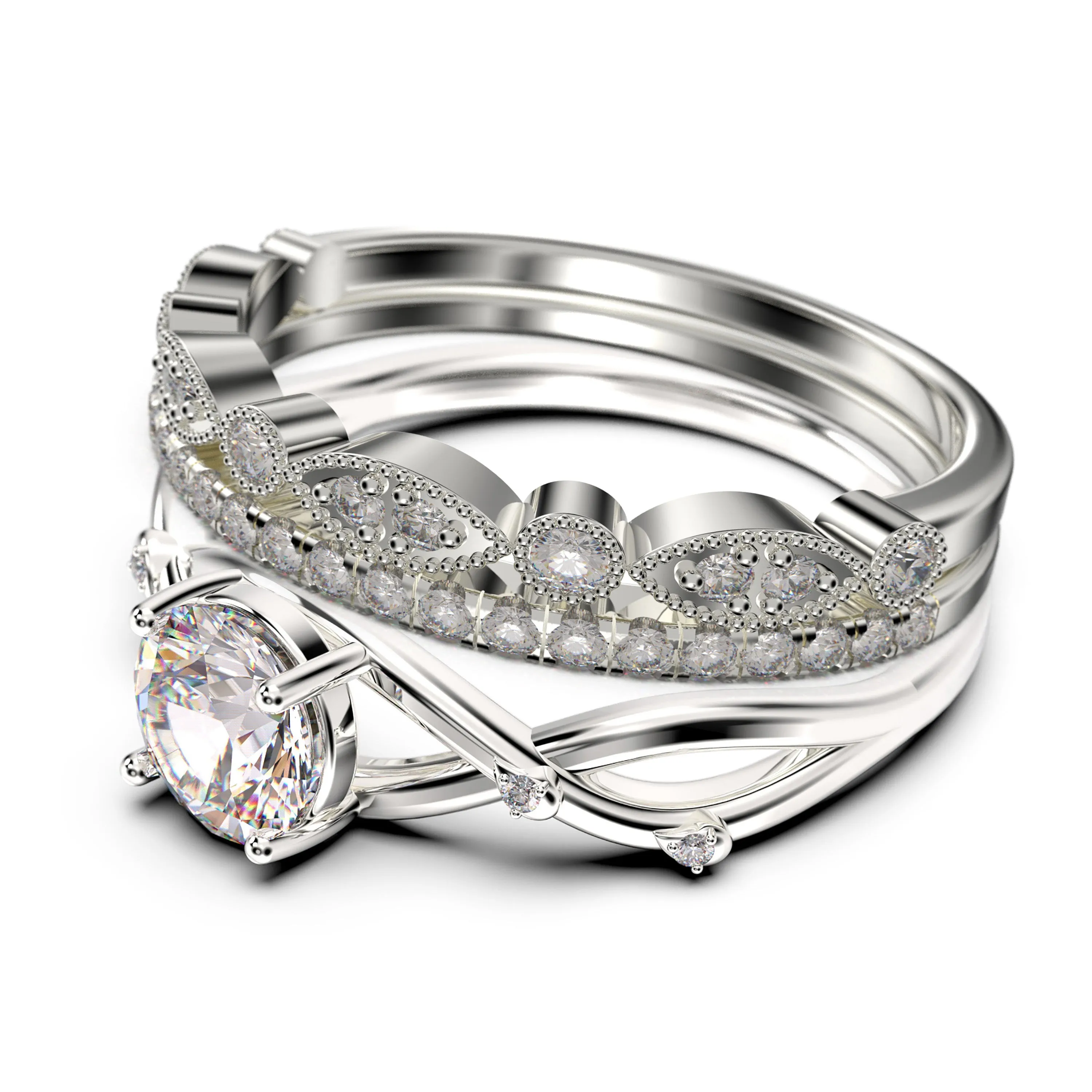 Spectacular And Decorative Rings Boho & hippie 2.10 Carat Round Cut Diamond Moissanite Engagement Ring, Wedding Ring, Two Matching Band in 10k/14k/18k Solid Gold, Promise Ring, Lovely Gift