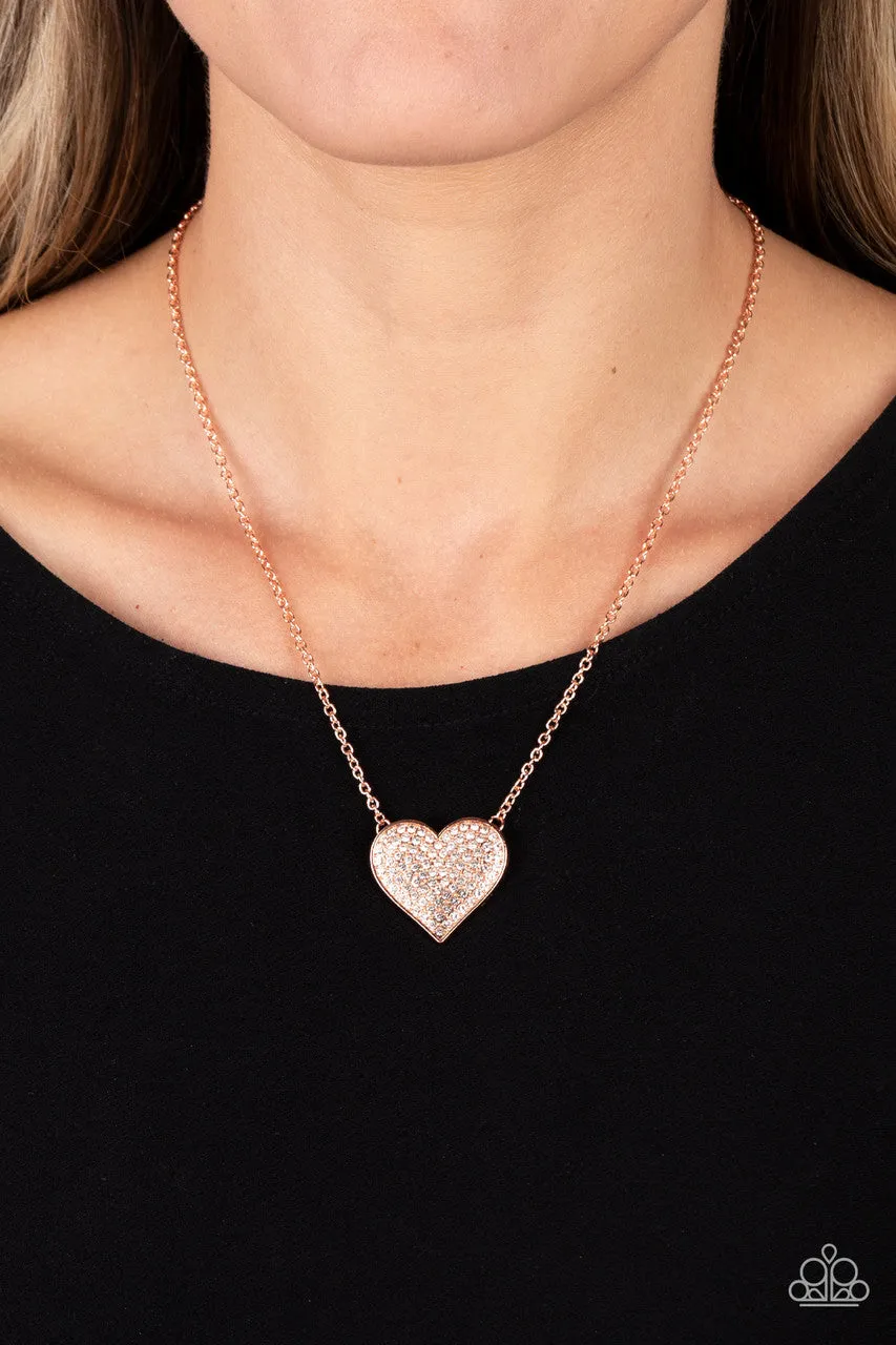 Spellbinding Sweetheart - Copper - White Rhinestone Heart Paparazzi Short Necklace