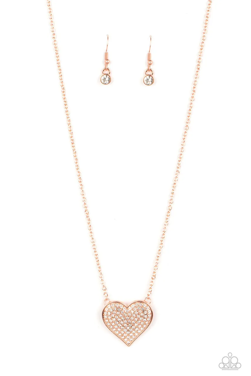 Spellbinding Sweetheart - Copper - White Rhinestone Heart Paparazzi Short Necklace
