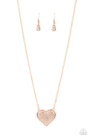 Spellbinding Sweetheart - Copper - White Rhinestone Heart Paparazzi Short Necklace