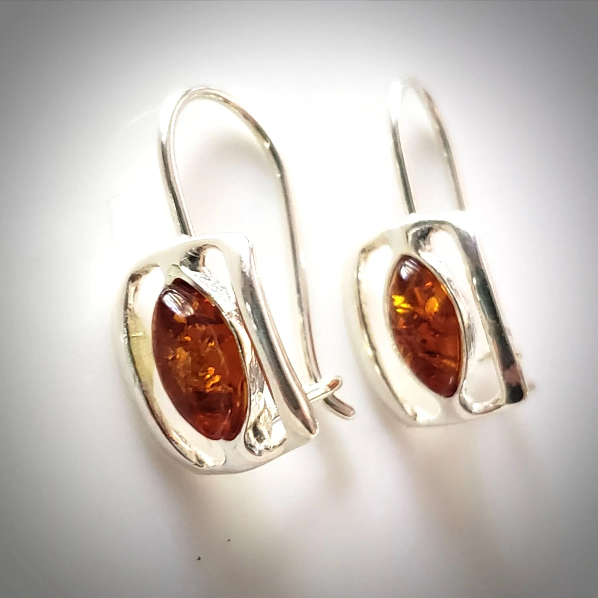 Square Silver Hoop Earrings with Oval Amber