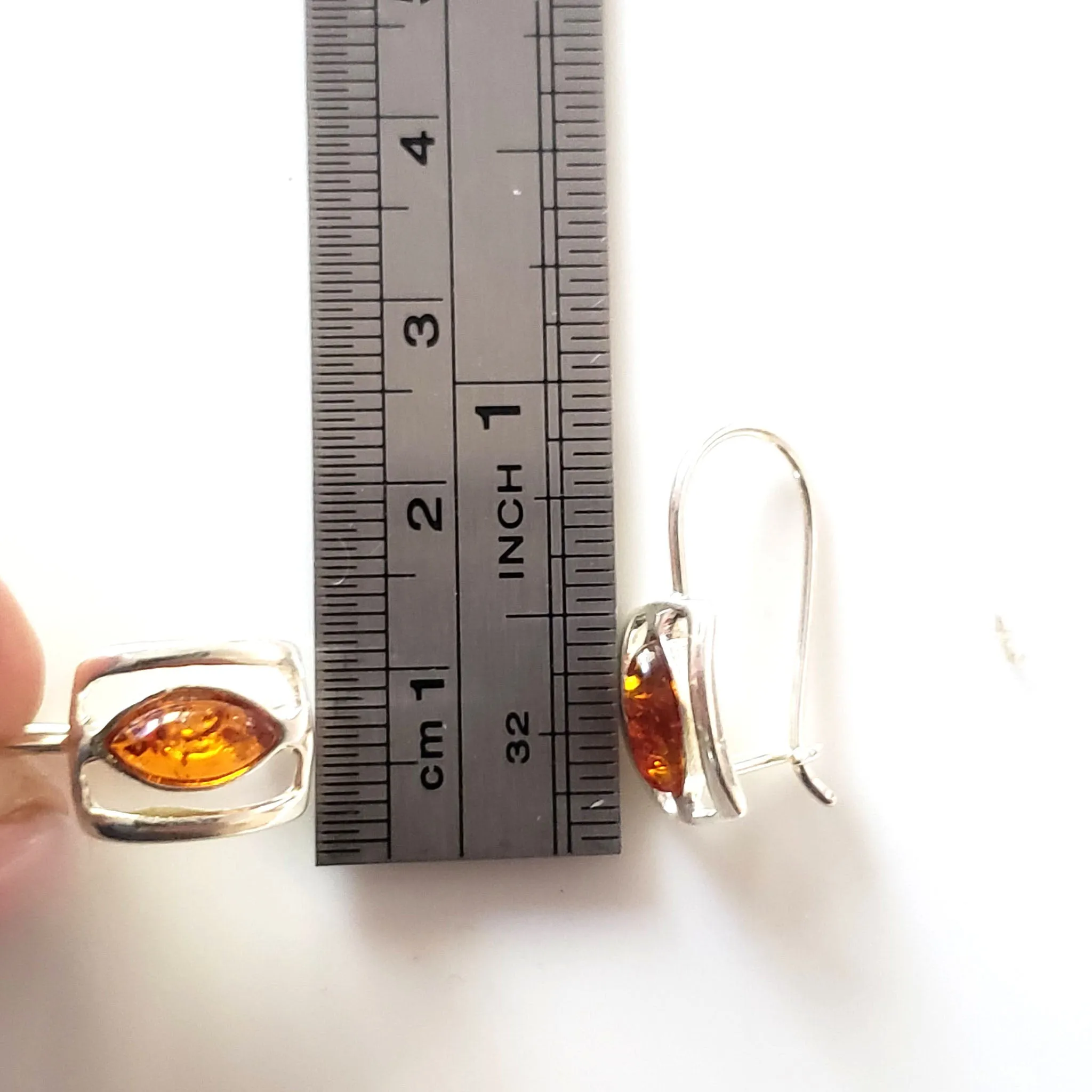 Square Silver Hoop Earrings with Oval Amber