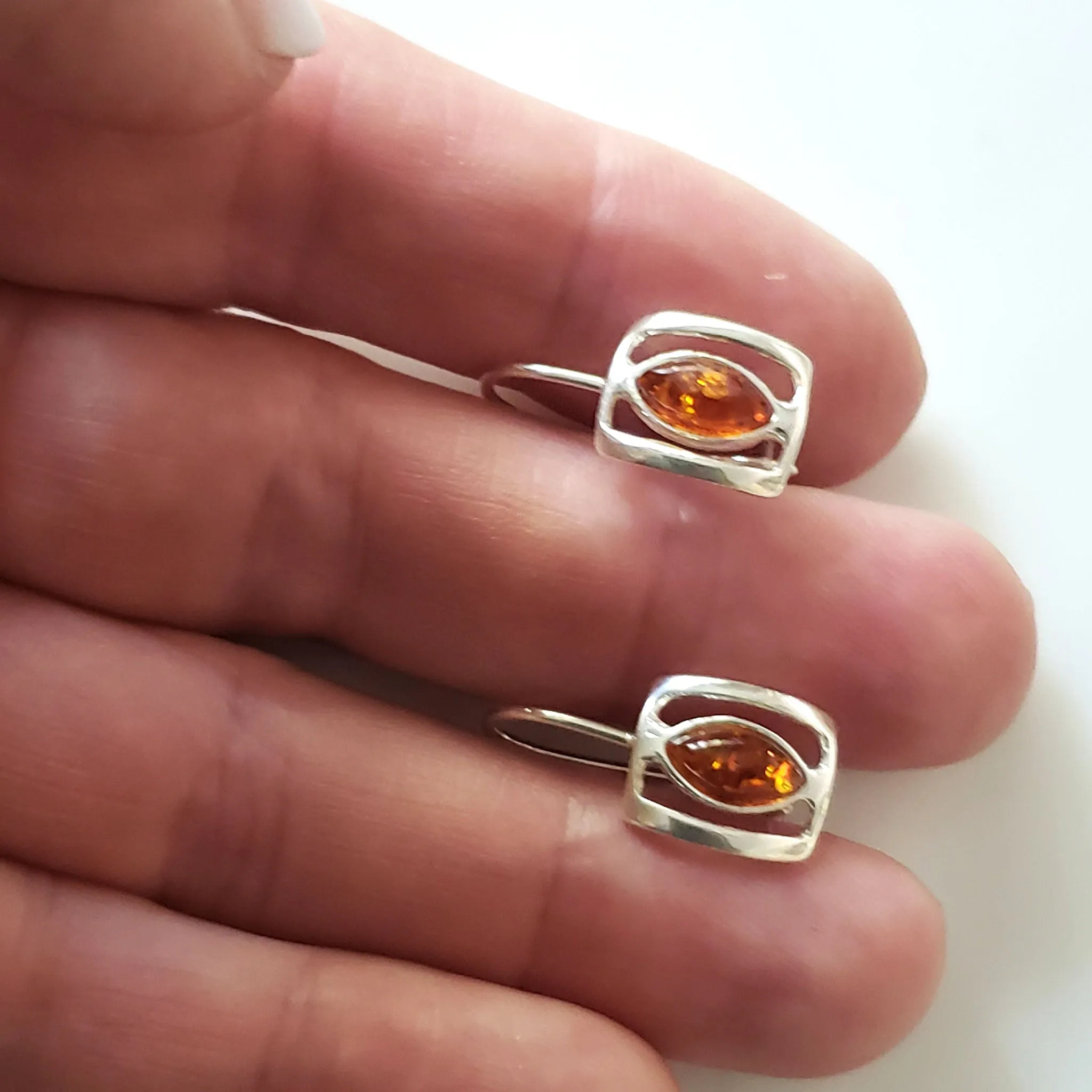 Square Silver Hoop Earrings with Oval Amber