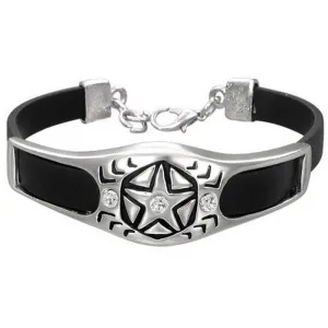 Stainless Steel Black Rubber Silicone Star White CZ Silver-Tone Mens Womens Bracelet