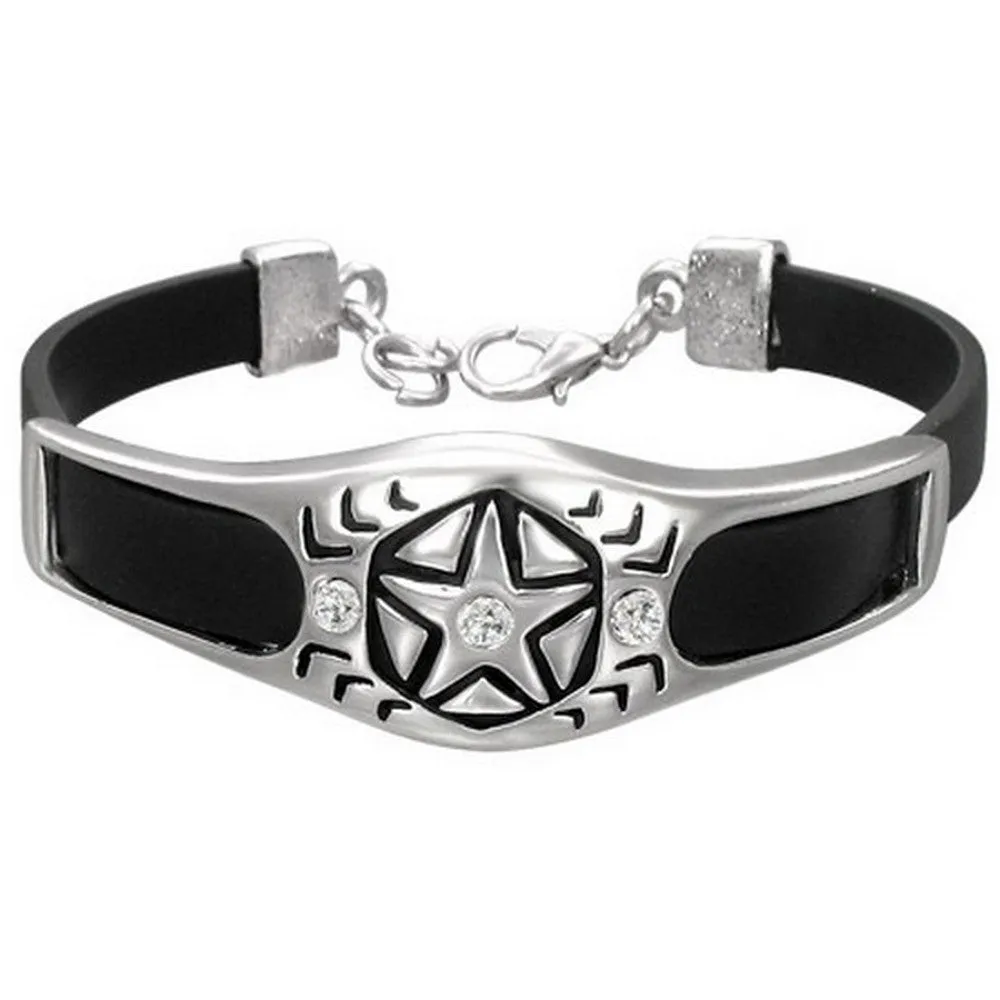 Stainless Steel Black Rubber Silicone Star White CZ Silver-Tone Mens Womens Bracelet