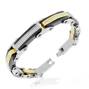 Stainless Steel Black Yellow Gold-Tone Silver-Tone CZ Greek Key Link Mens Bracelet