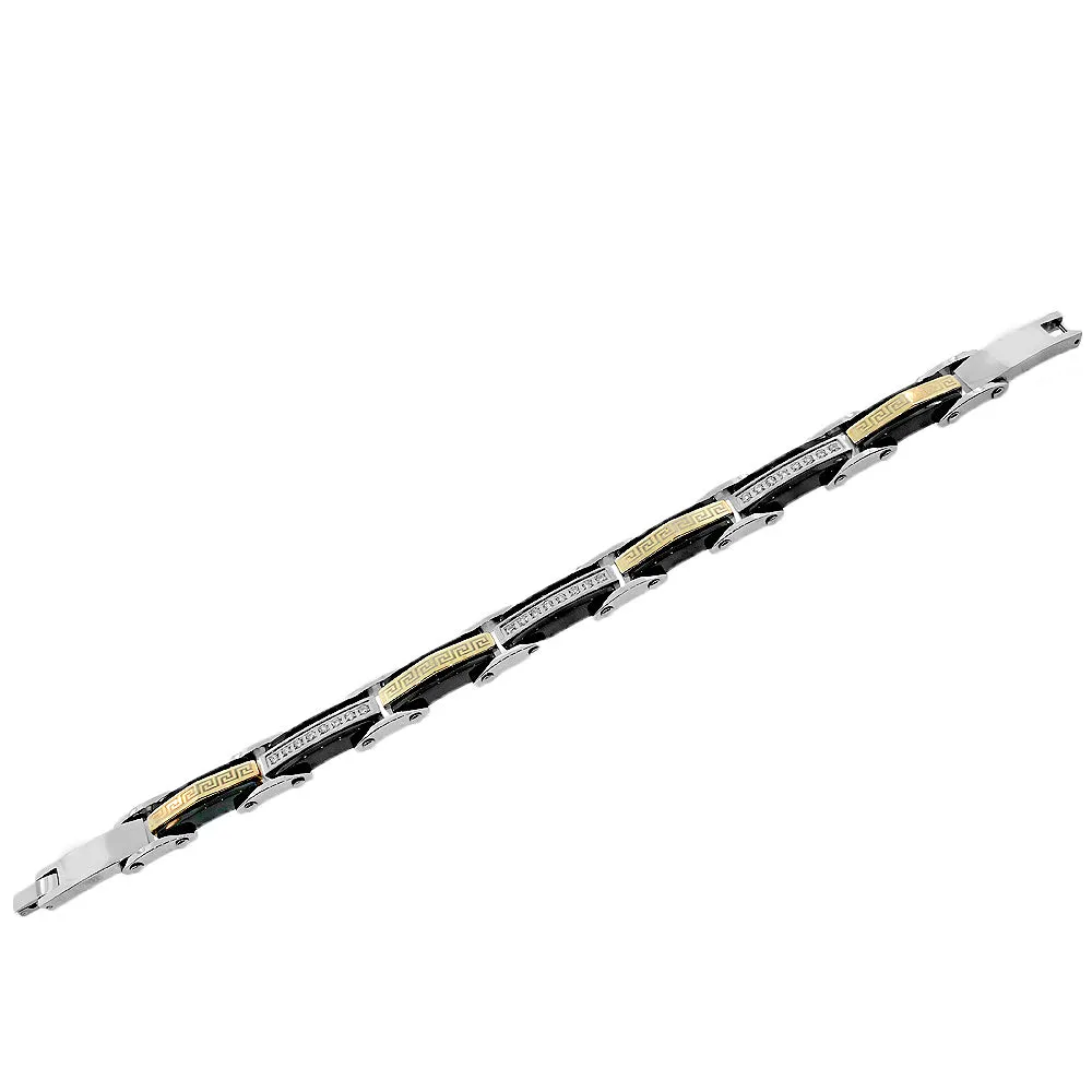 Stainless Steel Black Yellow Gold-Tone Silver-Tone CZ Greek Key Link Mens Bracelet
