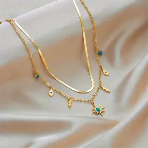 Stainless Steel Double Layered Necklace With Sunshine Lightning Pendant