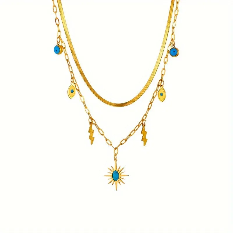 Stainless Steel Double Layered Necklace With Sunshine Lightning Pendant