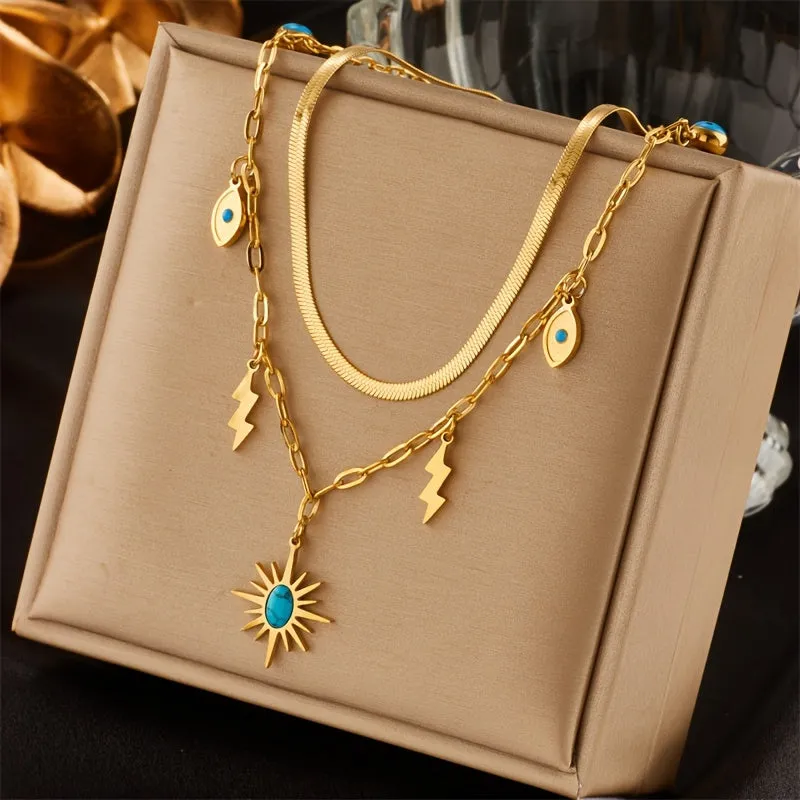 Stainless Steel Double Layered Necklace With Sunshine Lightning Pendant