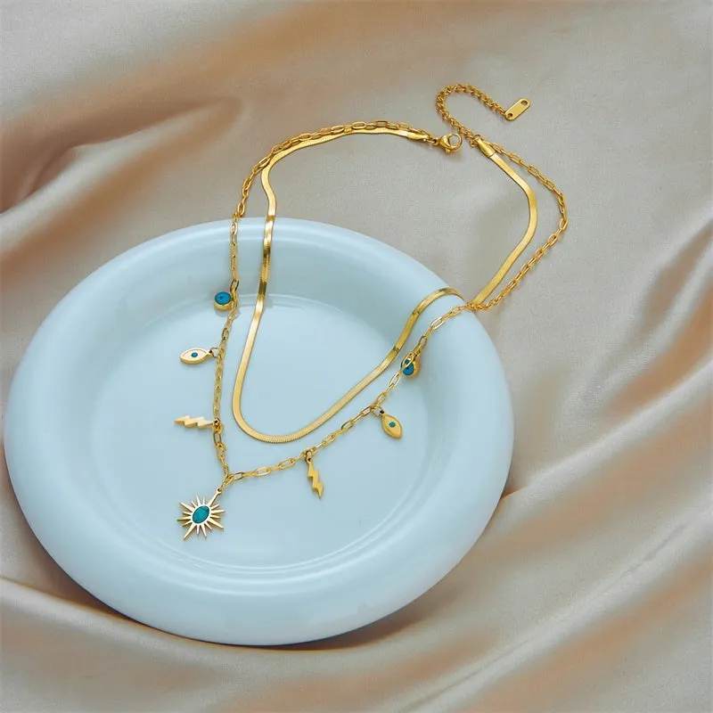 Stainless Steel Double Layered Necklace With Sunshine Lightning Pendant