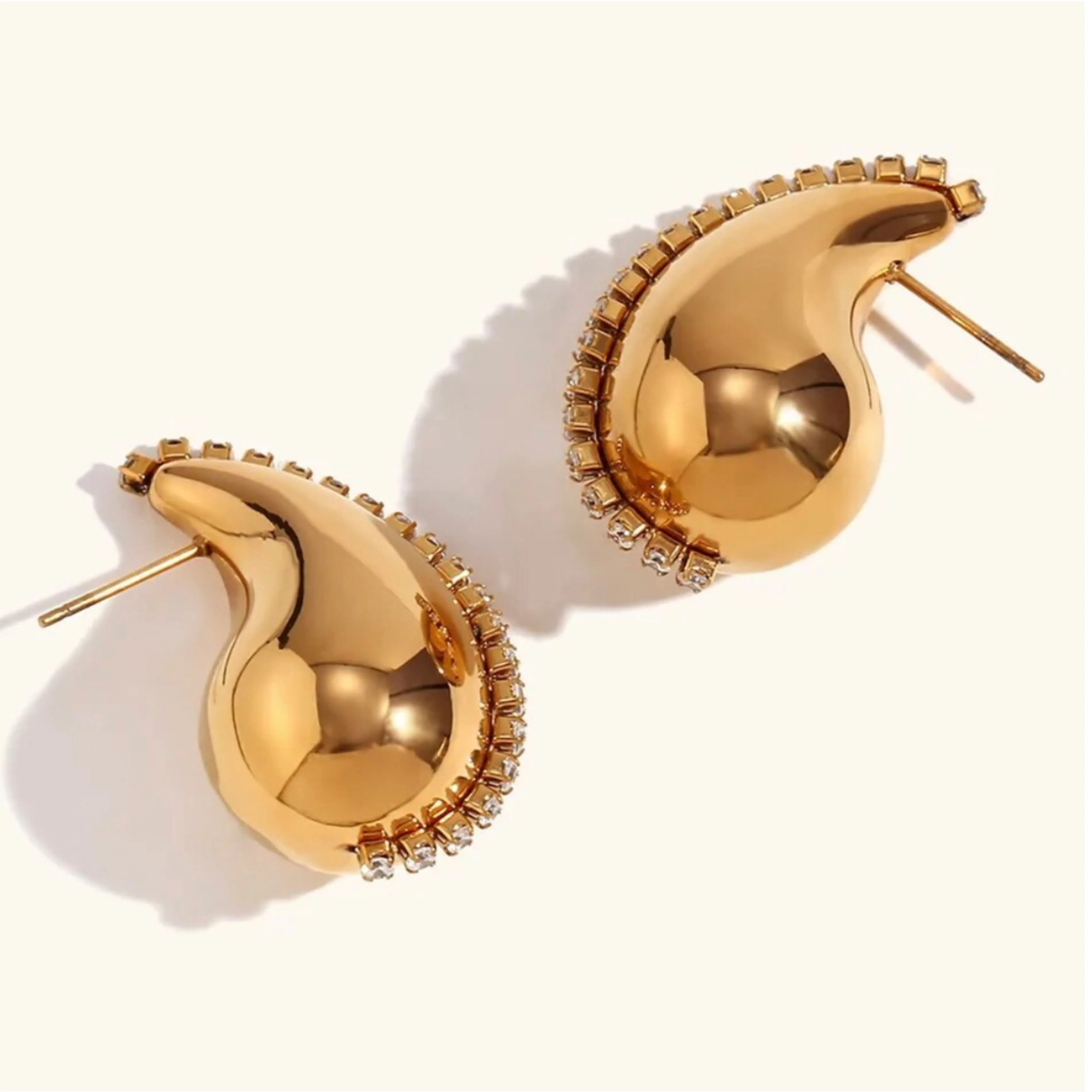 Stainless Steel Hollow Water Drop CZ Chain Stud Earrings - Gold and Silver