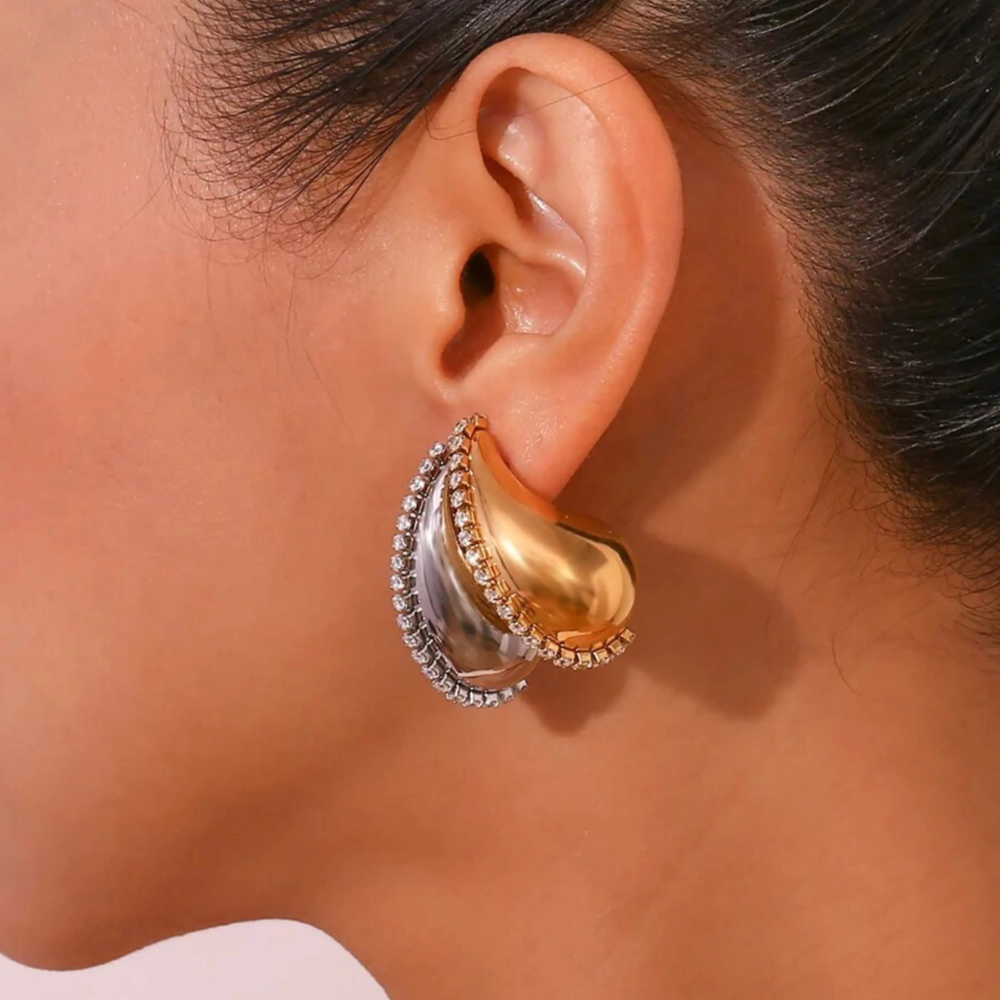 Stainless Steel Hollow Water Drop CZ Chain Stud Earrings - Gold and Silver
