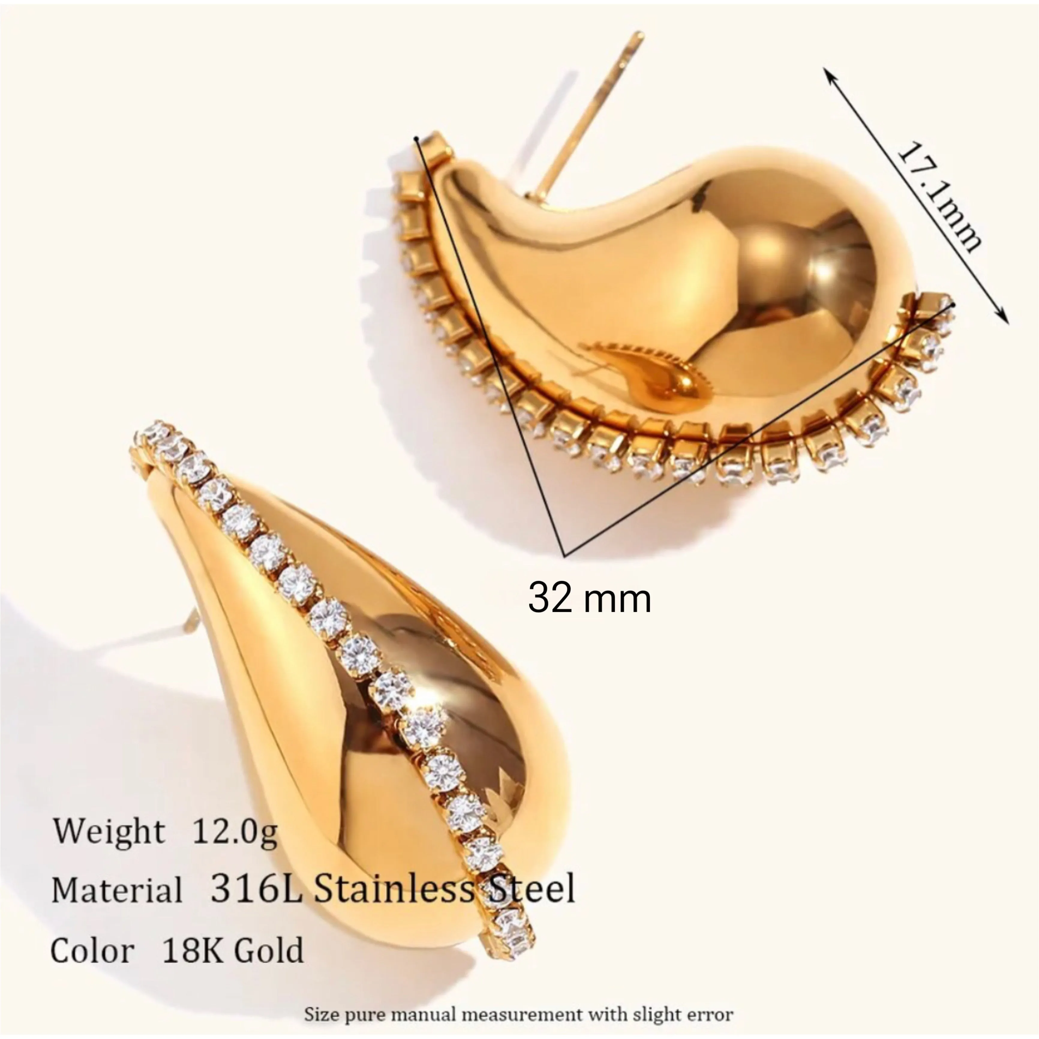 Stainless Steel Hollow Water Drop CZ Chain Stud Earrings - Gold and Silver