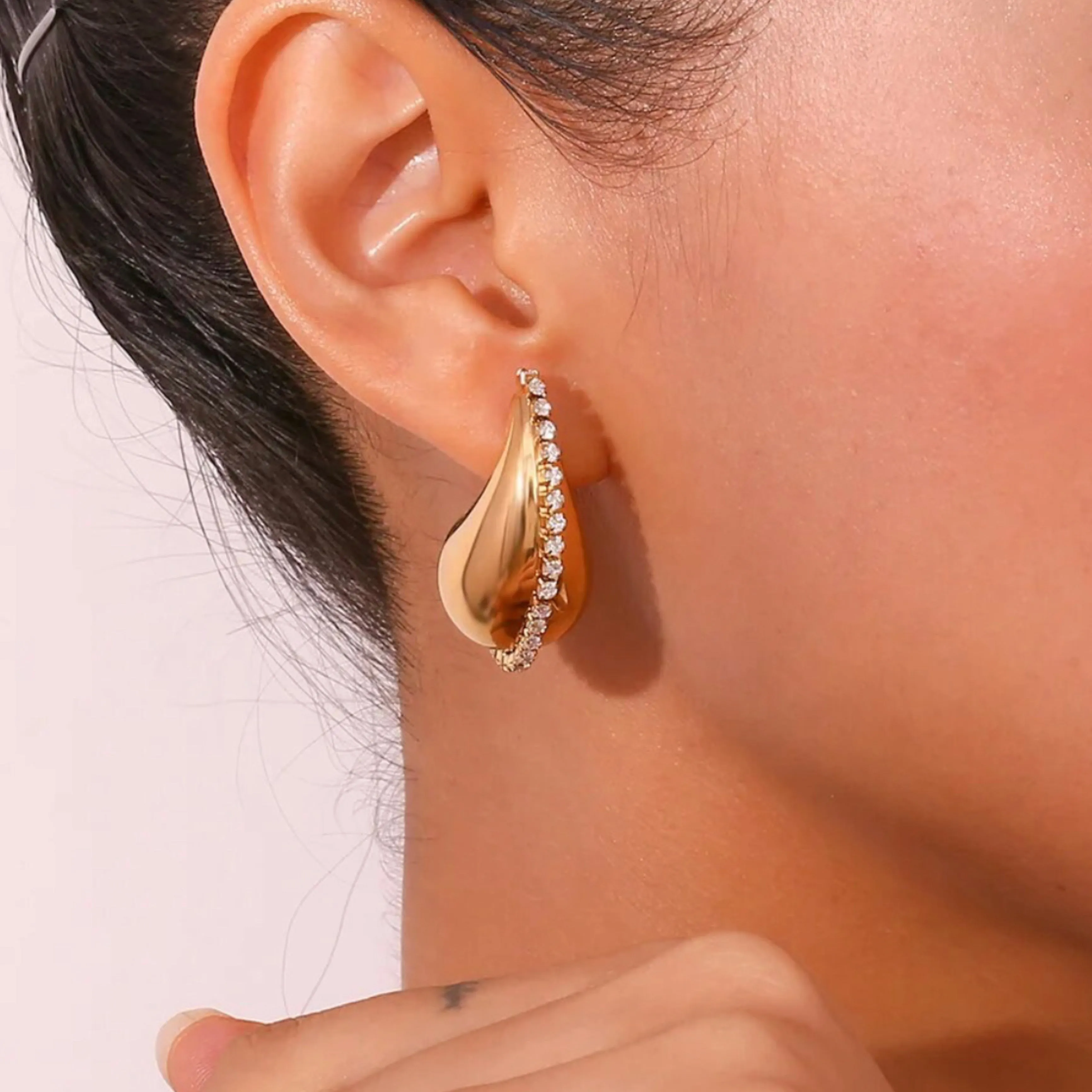 Stainless Steel Hollow Water Drop CZ Chain Stud Earrings - Gold and Silver