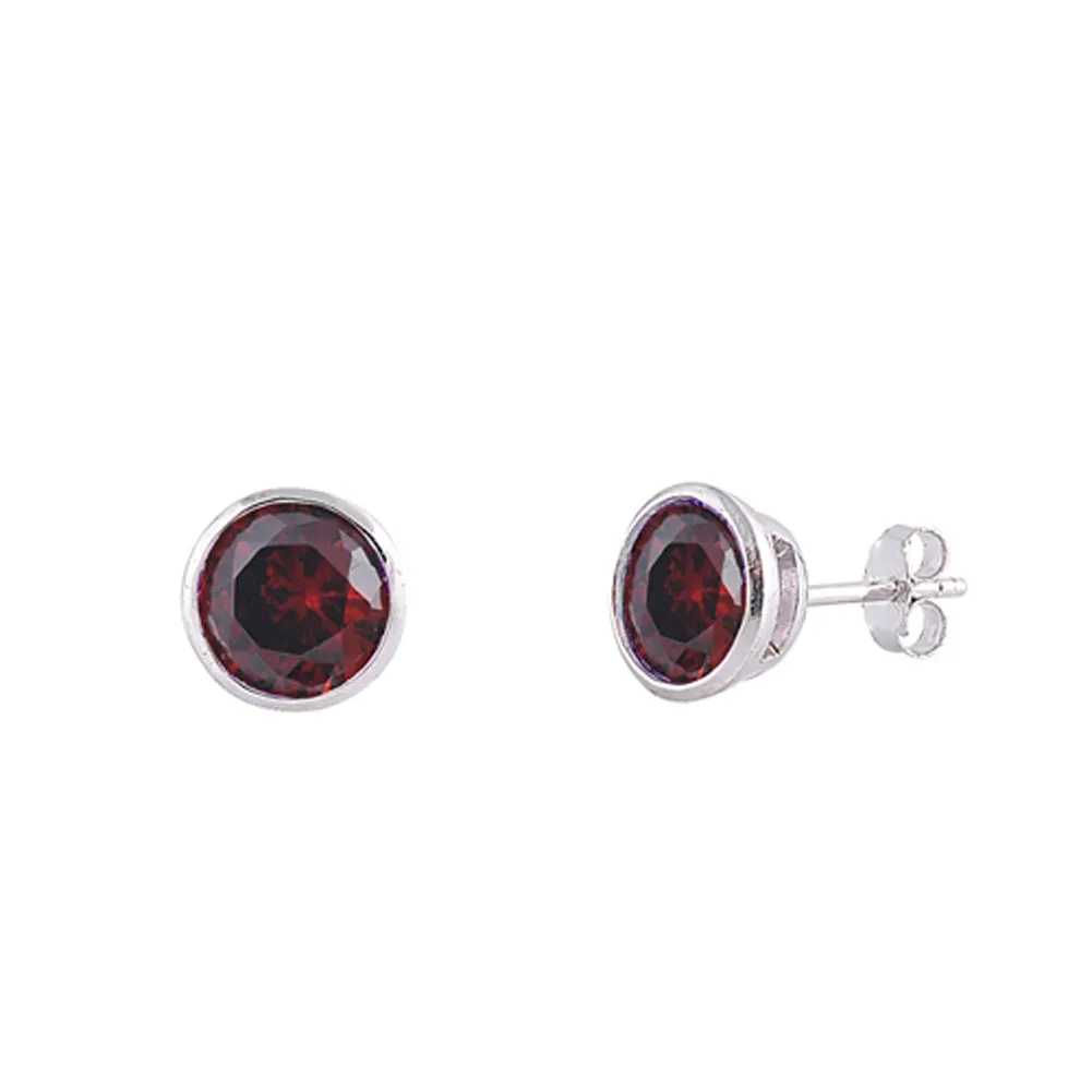 Standard Circle Basic Simulated Garnet .925 Sterling Silver Classic Minimalist Earrings