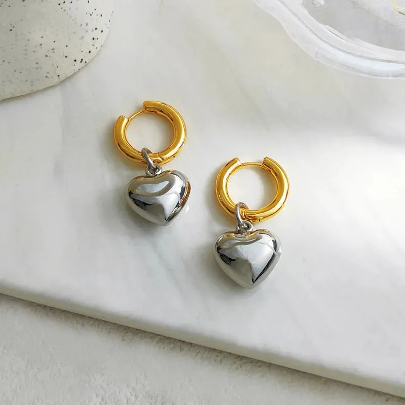 Statement Minimalist Gold Silver Color Mixed Solid Heart Pendant Hoop Earrings Street Style Korean Fashion Jewelry
