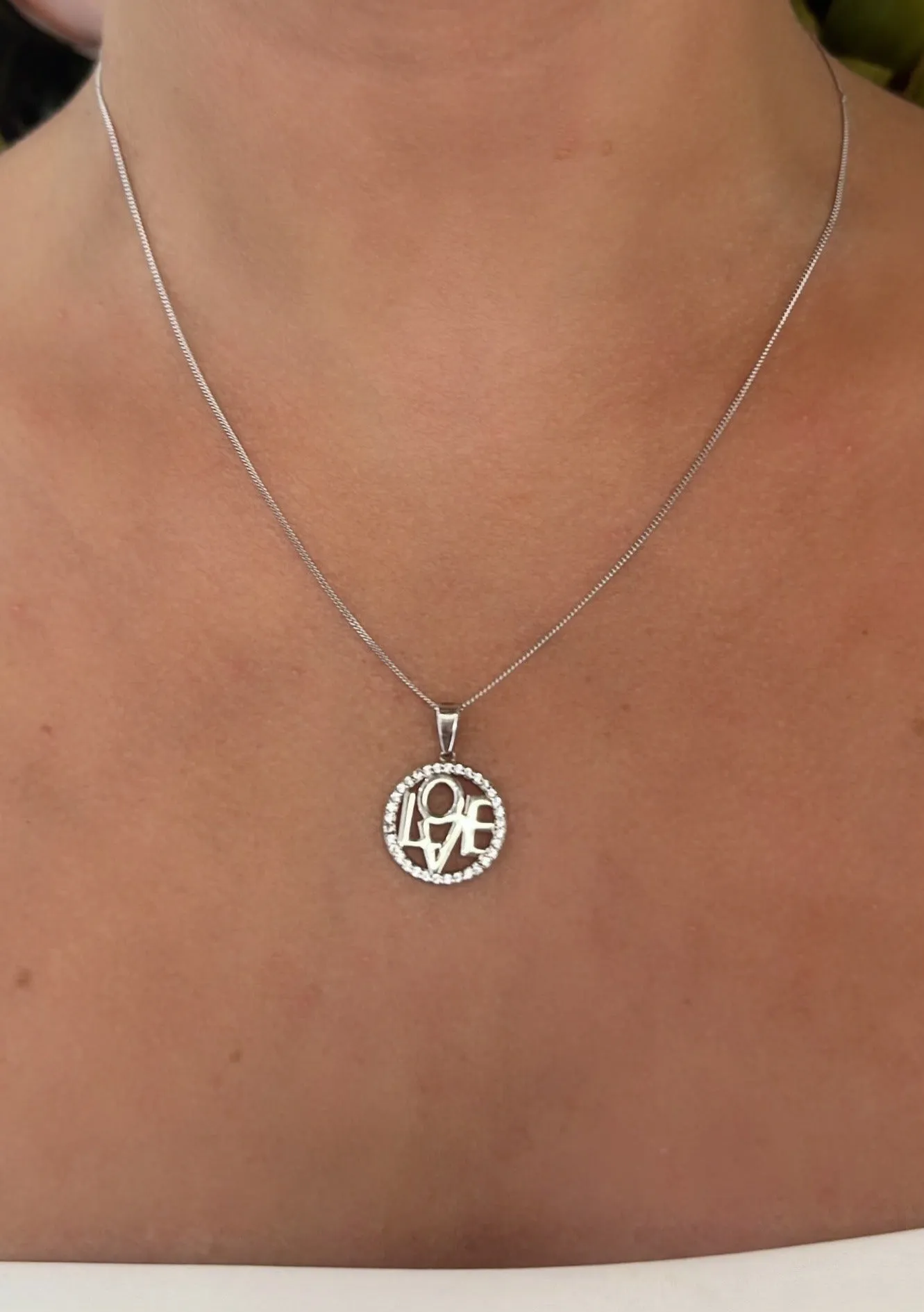 Sterling Silver & Cubic Zirconia Love Disc Circular Pendant Necklace
