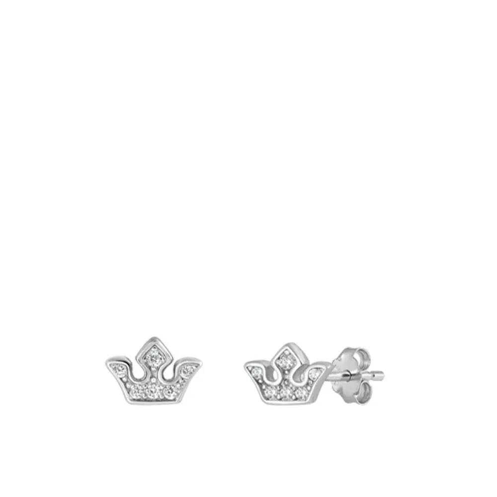 Sterling Silver Cute Clear CZ Small Crown Minimalist Stud Earrings 925 New