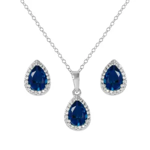 Sterling Silver (September) Bithstone Halo Pear Shaped Pendant and Earring Set
