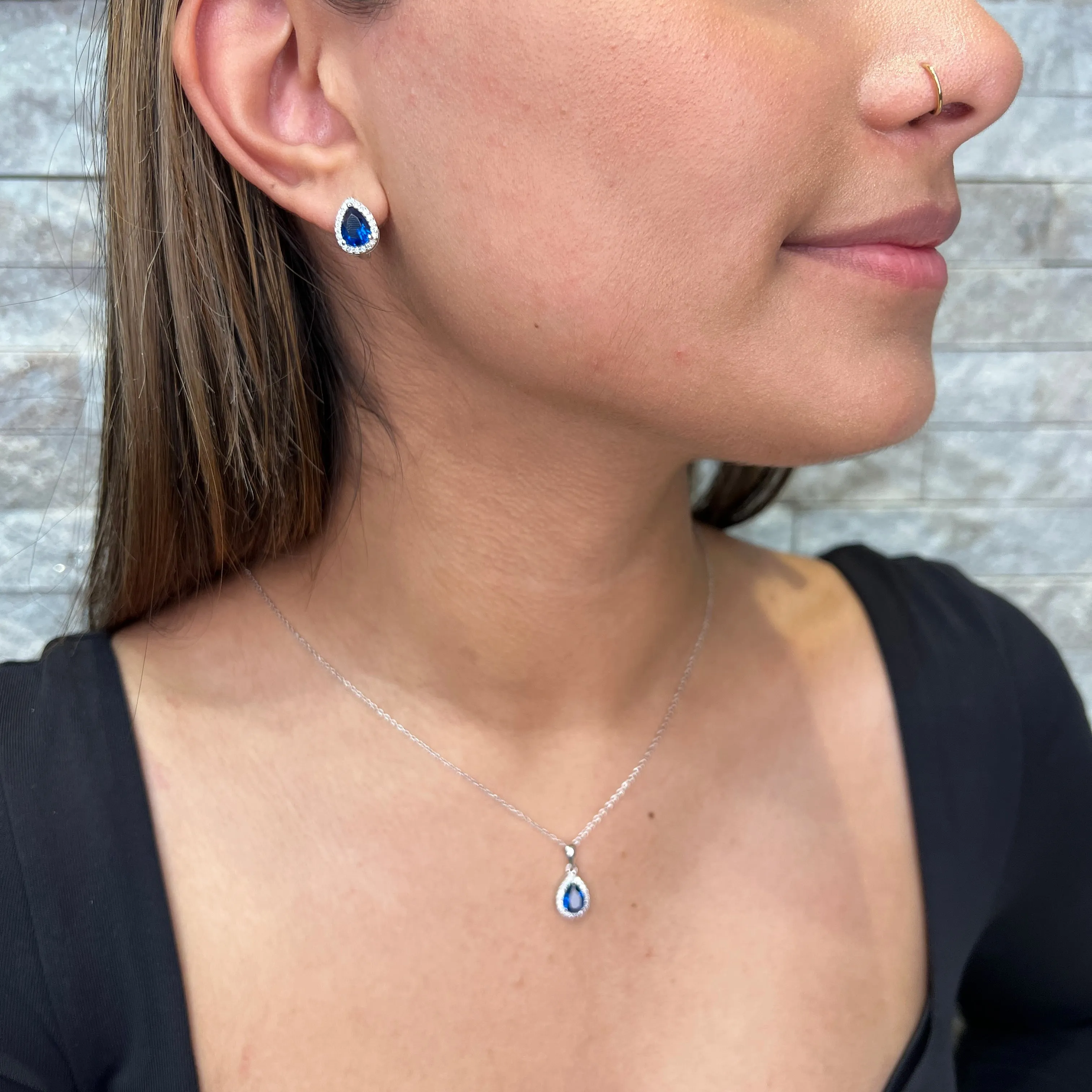 Sterling Silver (September) Bithstone Halo Pear Shaped Pendant and Earring Set