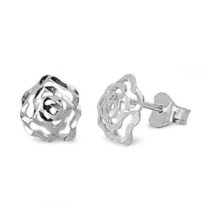 Sterling Silver Wavy Rose Flower Outline Cutout Minimalist Earrings 925 New